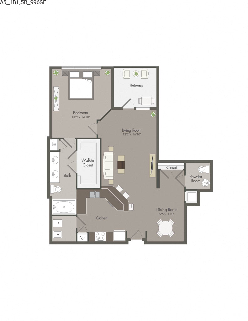 Floor plan for 1 bed, 1.5 baths, 996 sqft